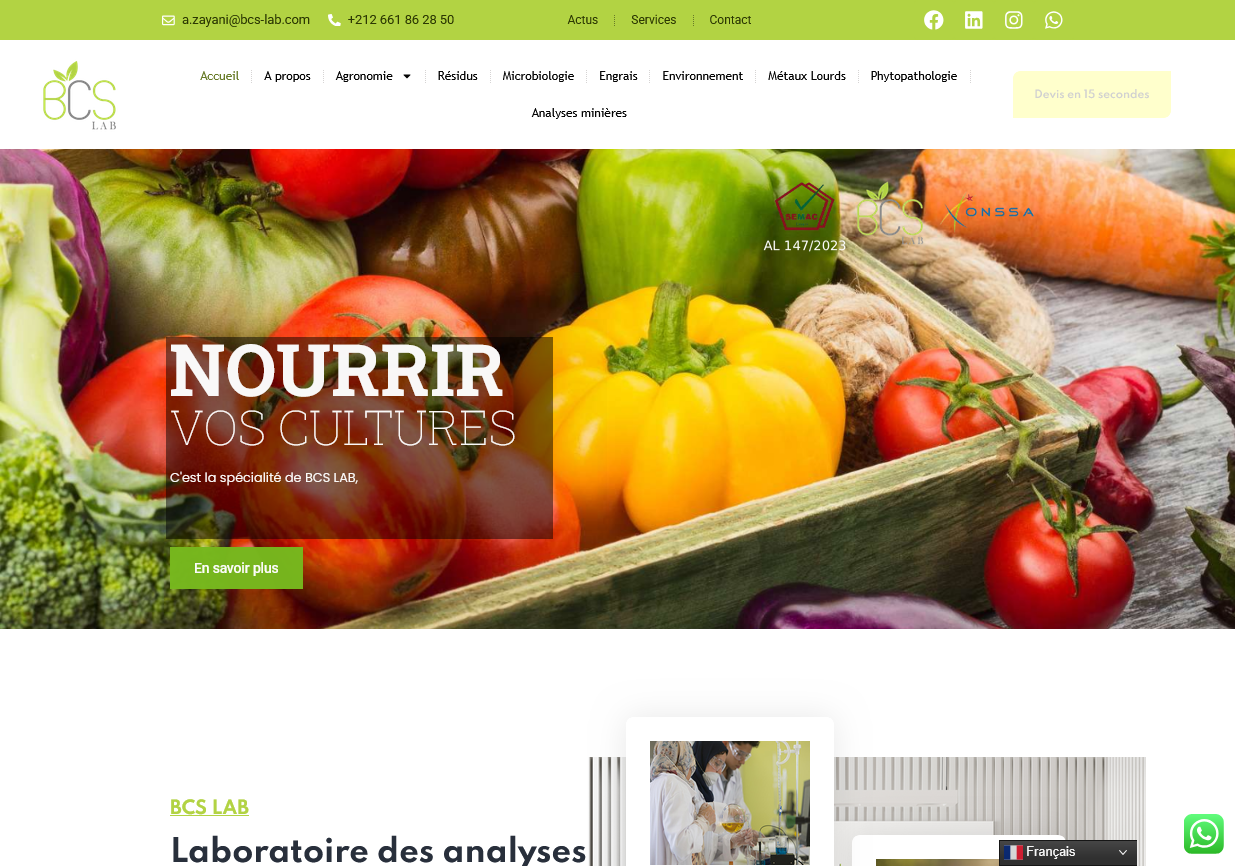 Capture du site BCS LAB réalisé par Agadir Concept