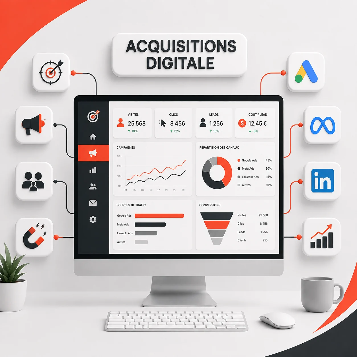 Dispositif d’acquisition digitale reliant ciblage campagnes landing pages conversions et suivi commercial