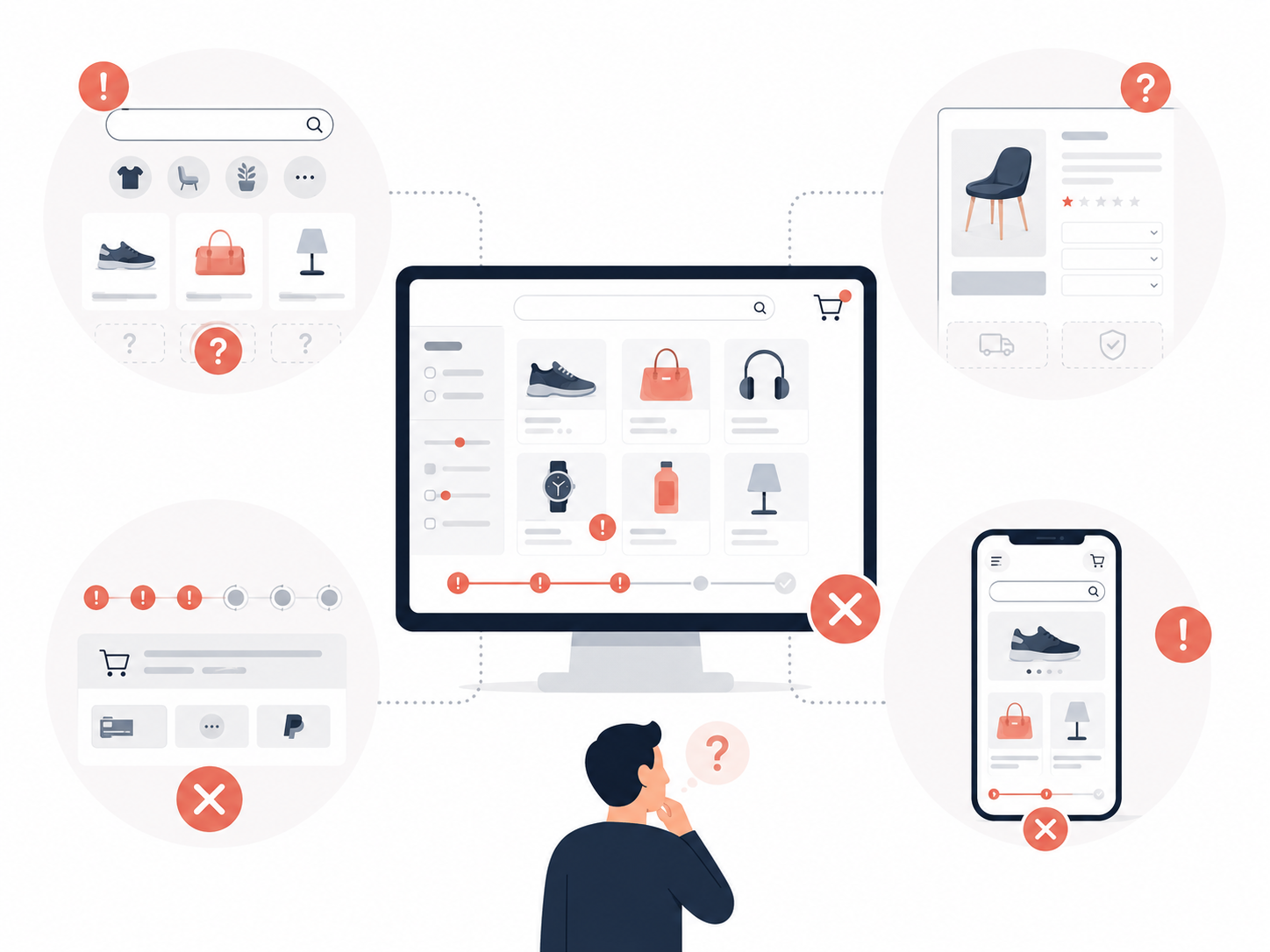 Parcours e-commerce compliqué avec recherche panier et paiement difficiles