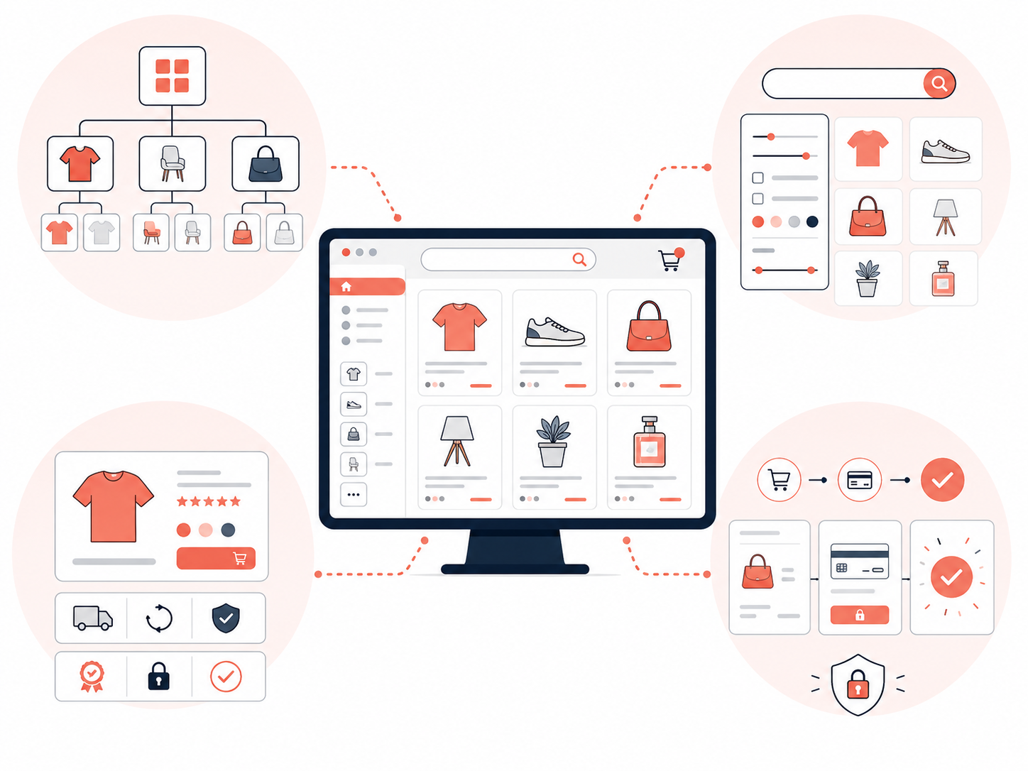 Parcours e-commerce structuré du catalogue au paiement et à la commande